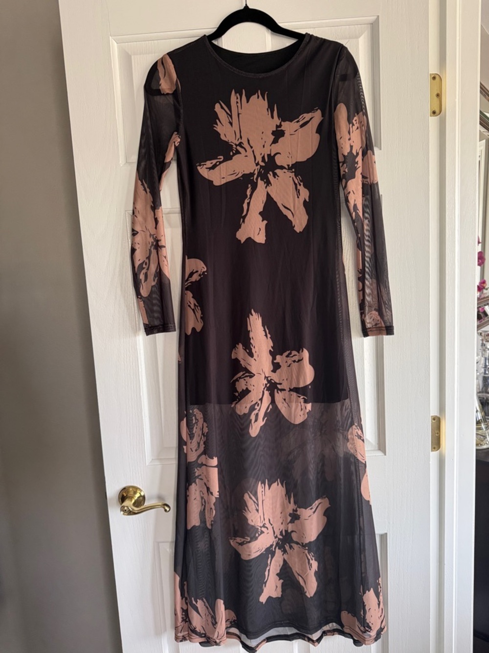 Black Mesh Long Sleeve Maxi Dress with Blush Floral Print